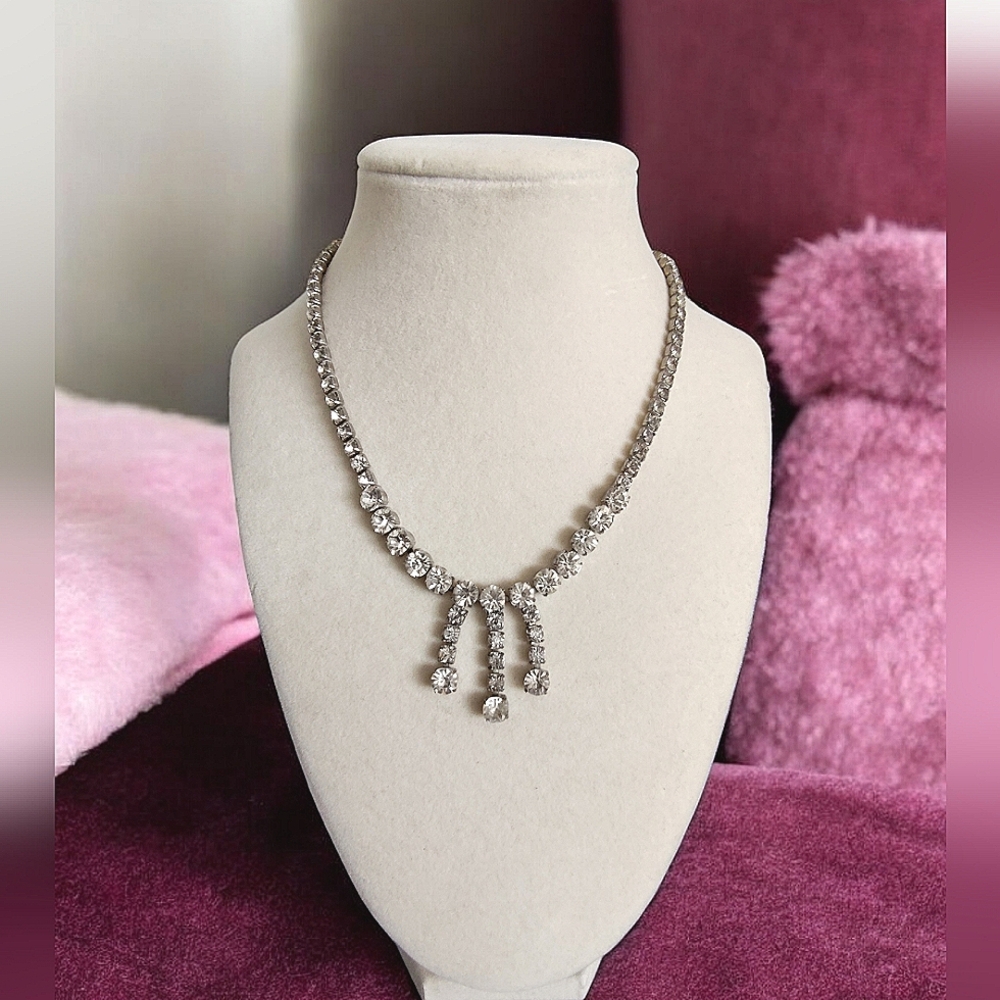 Antique Signed Made In Czechoslovakia Prong Set Rhinestone Choker Necklace
